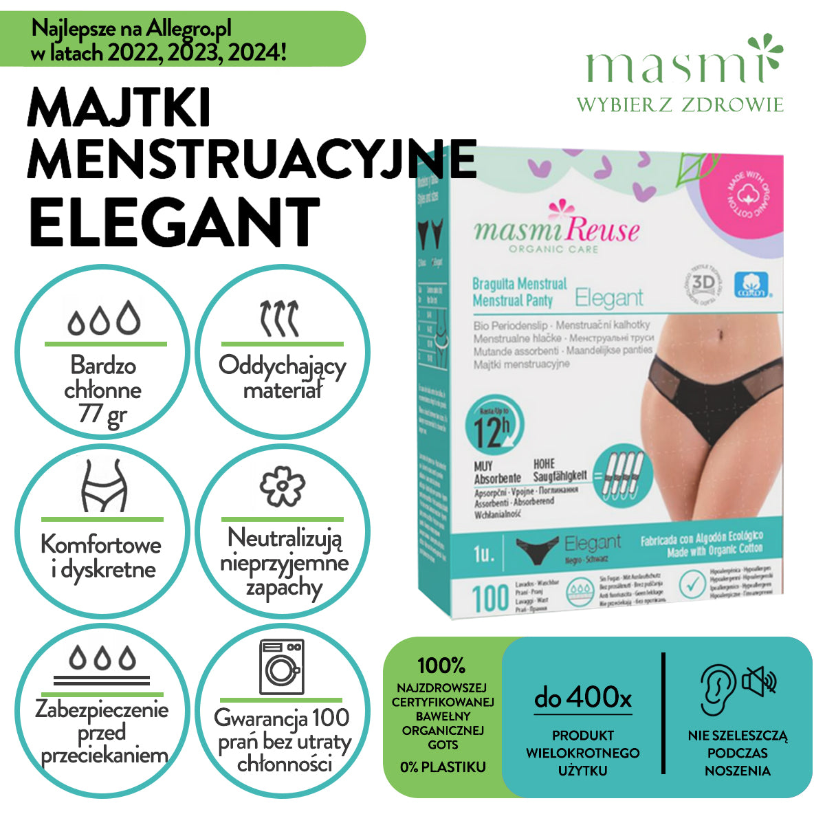 Masmi Menstruační kalhotky ELEGANT nízký pas, (velikosti: S, M, L, XL) 100% certifikovaná organická bavlna 1 ks.