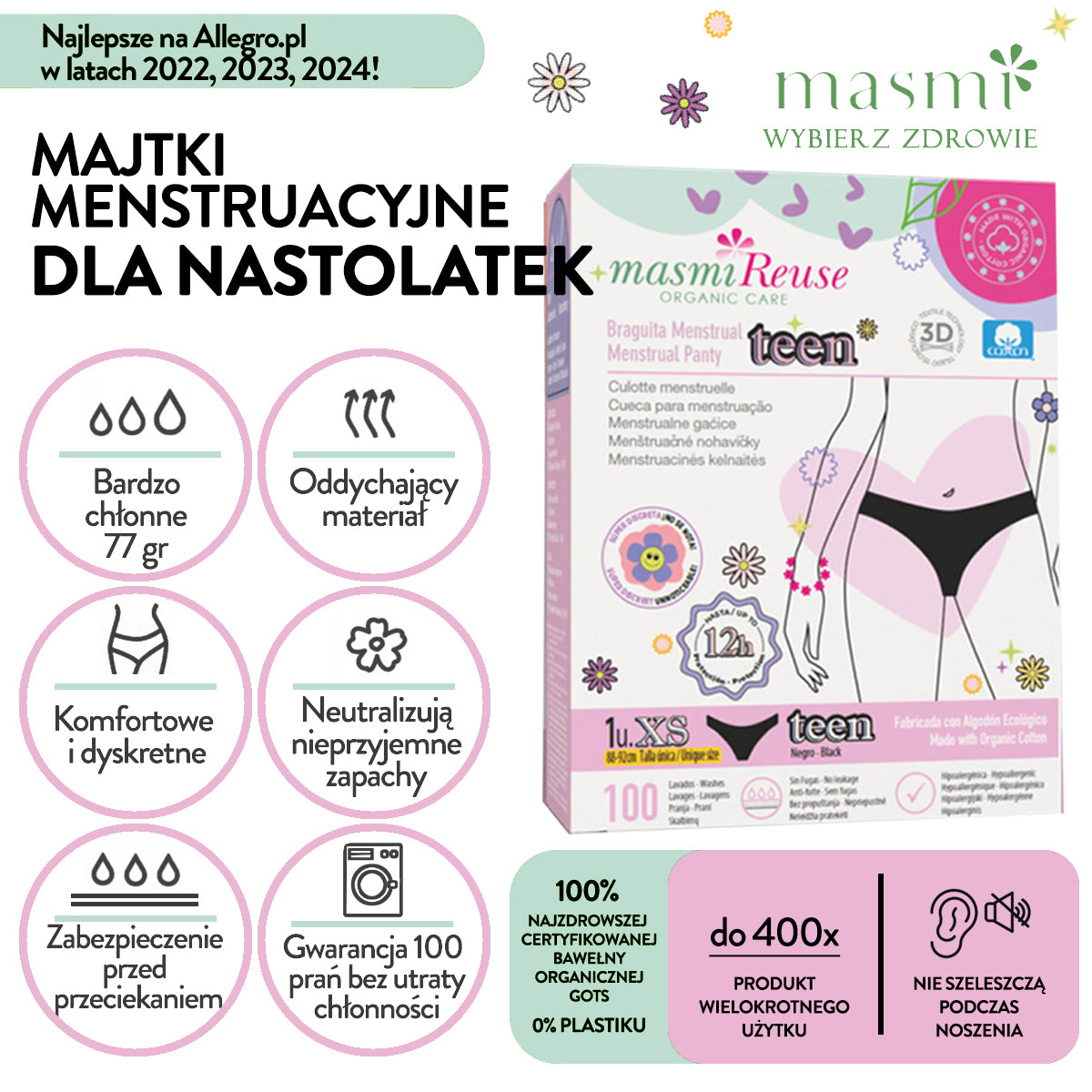 SADA -3 % 2 × Masmi Ekologické menstruační kalhotky PRO NÁCTILETÉ XS 100% BIO bavlna