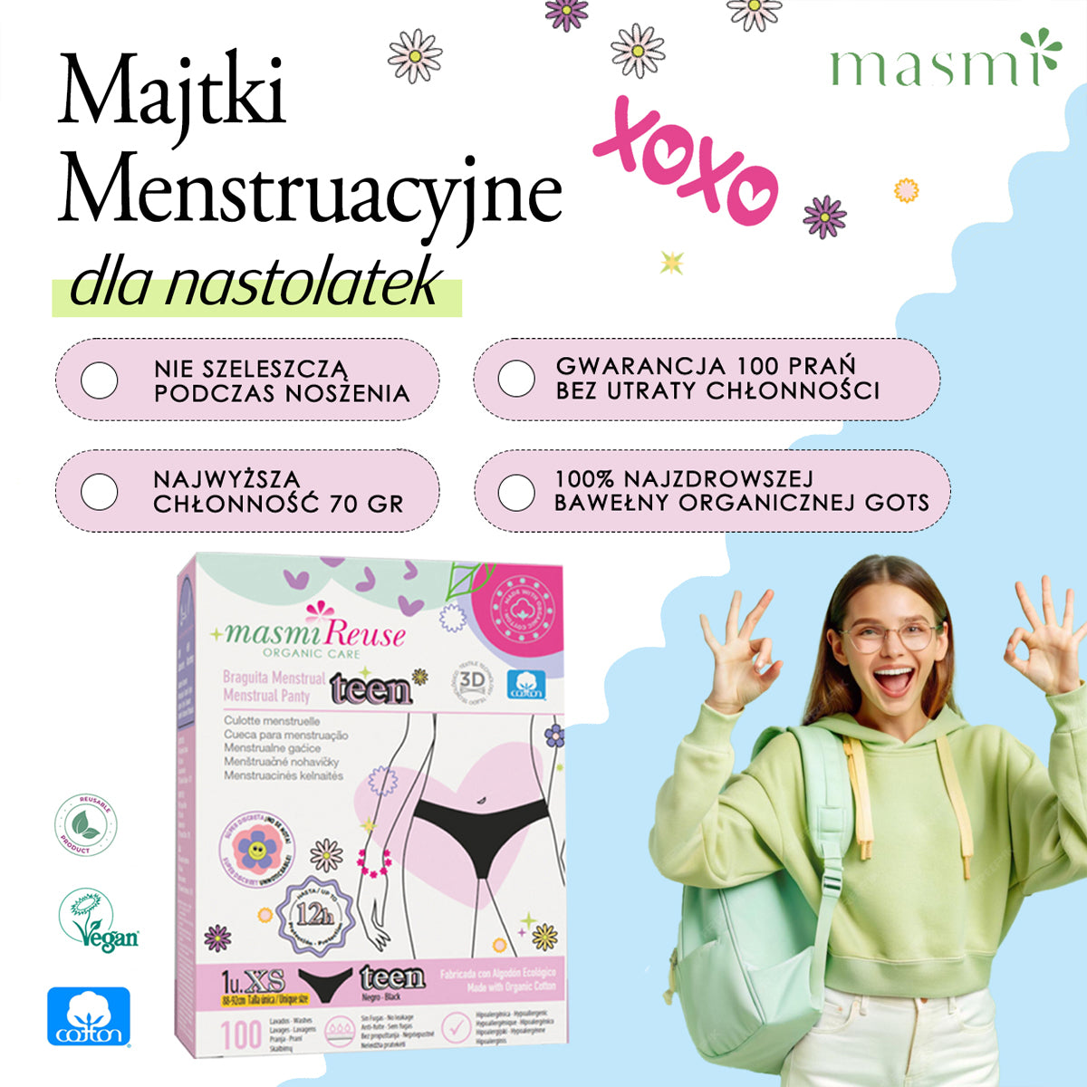SET -3 % 2 x Masmi Ökologische Menstruationsslips FÜR TEENAGER XS 100 % BIO-Baumwolle