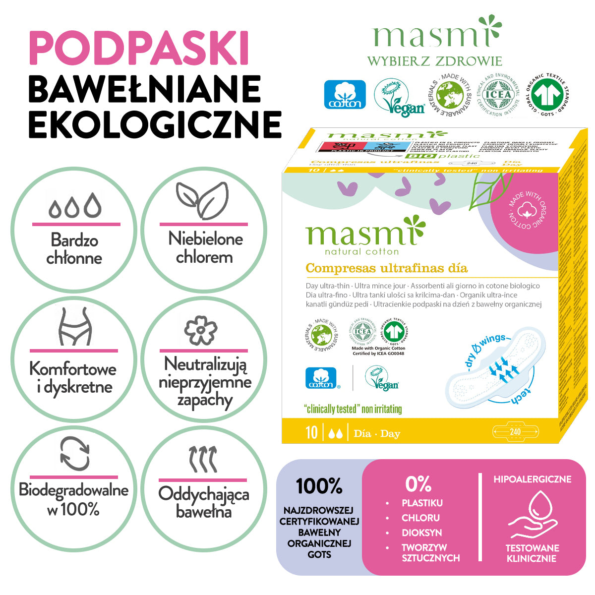 Masmi Ultra-thin Organic Cotton Day Pads with Wings, 100% Organic Cotton 10 pcs