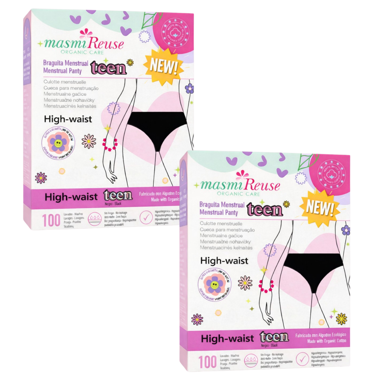 ZESTAW -3% 2 x Masmi Majtki menstruacyjne DLA NASTOLATEK rozmiar M (wysoki stan) 100% certyfikowanej bawełny organicznej 1 szt.