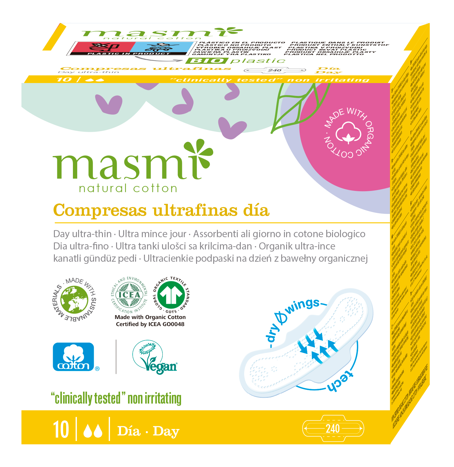 Masmi Ultrathin Baumwollbinden für den Tag mit Flügeln, 100 % Bio-Baumwolle, 10 Stk.