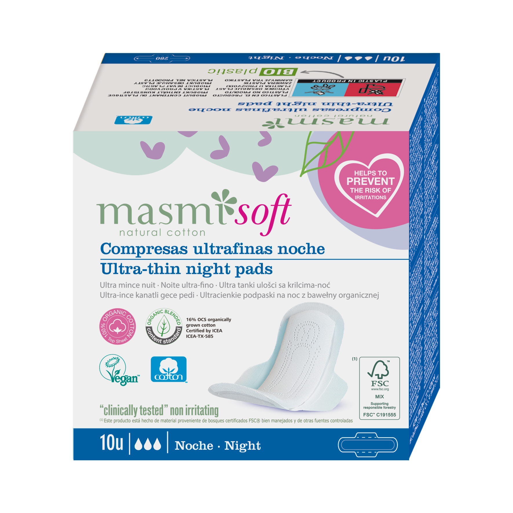Ekologické bavlněné vložky bez chlóru SOFT noční Masmi 100% BIO 10ks