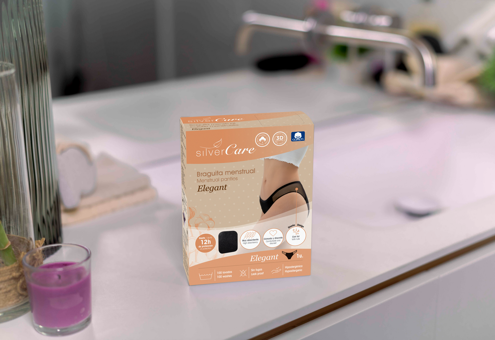 Ökologische Menstruationsslips Silver Care ELEGANT (Größen: S, M, L, XL) 100 % Bio-Baumwolle