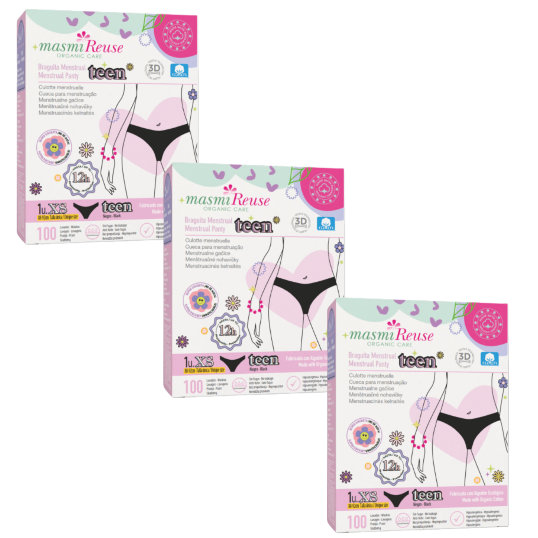 SADA -5% 3 x Masmi Ekologické menstruační kalhotky PRO TEENAGERY XS 100% BIO bavlna