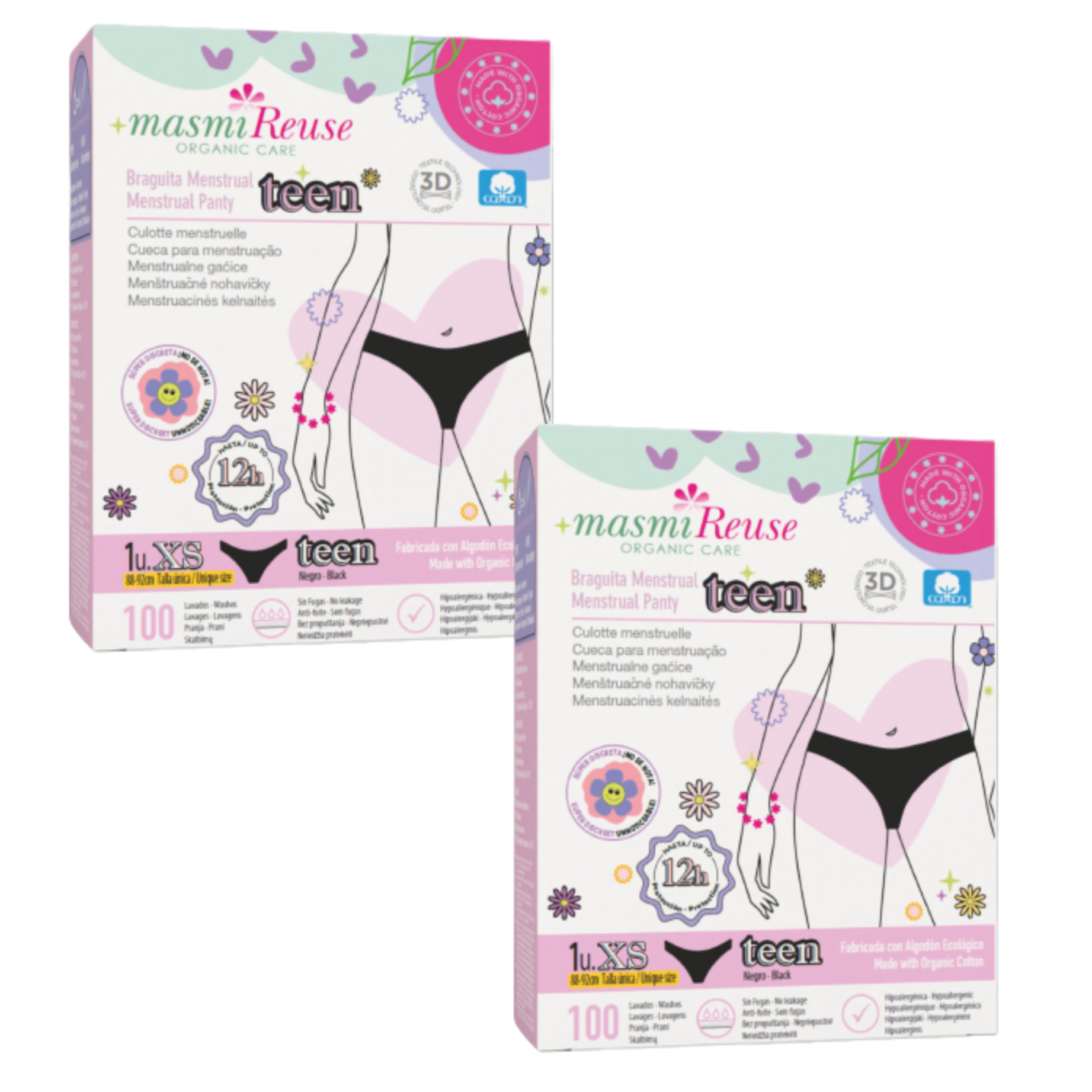 SADA -3 % 2 × Masmi Ekologické menstruační kalhotky PRO NÁCTILETÉ XS 100% BIO bavlna