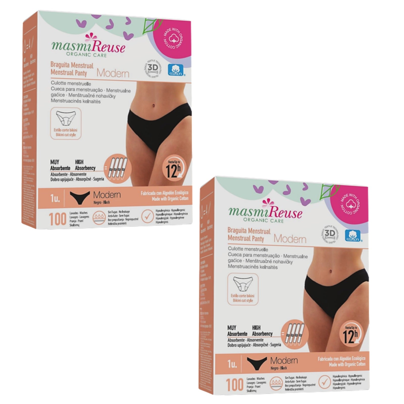 SADA -3% 2 x Masmi Ekologické menstruační kalhotky MODERN (velikosti: S, M, L, XL), 100% BIO bavlna
