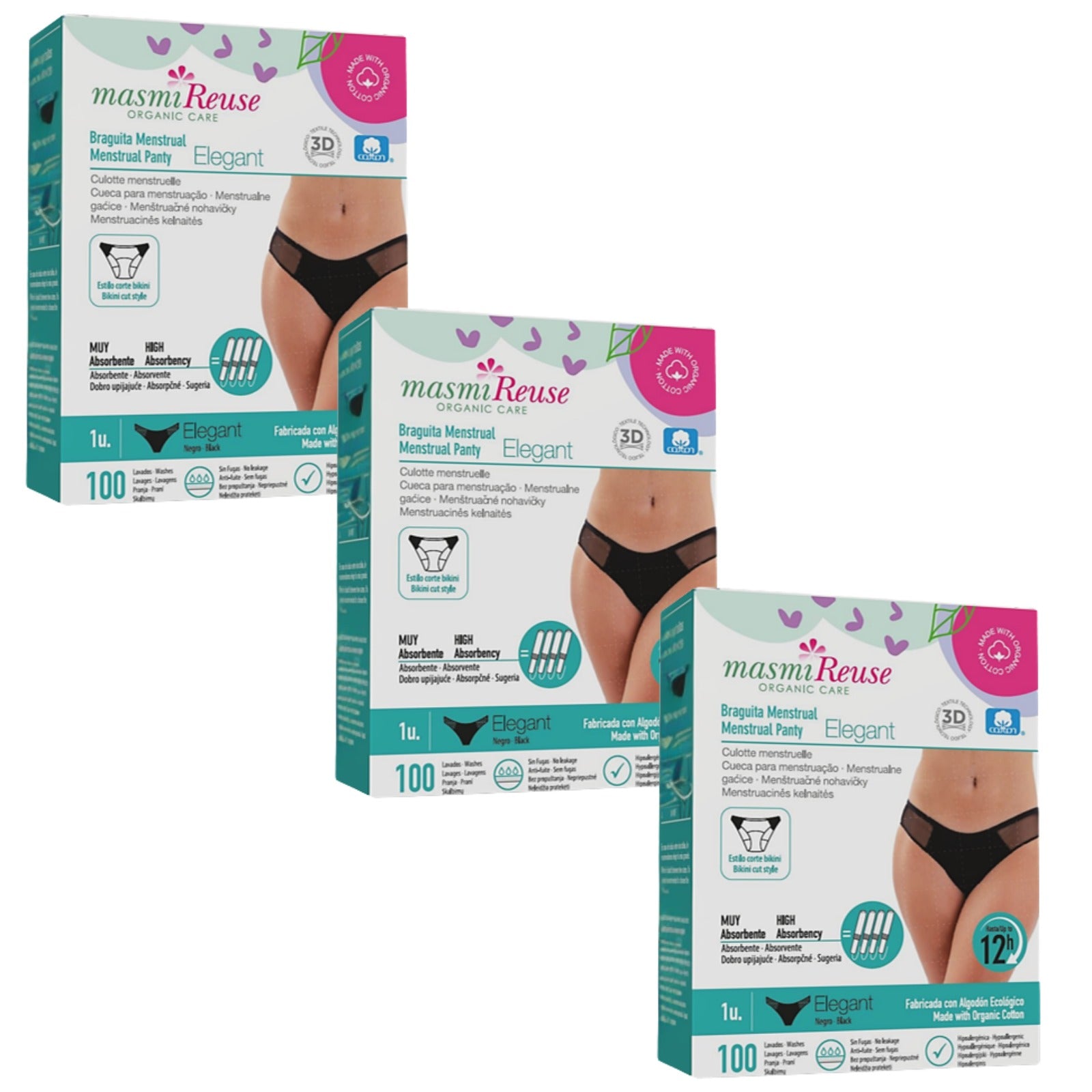 SET -5% 3 x Masmi ökologische Periodenunterwäsche ELEGANT (Größe: S, M, L, XL) 100% BIO-Baumwolle