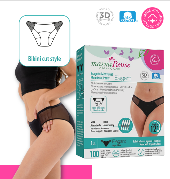 SADA -5 % 3 x Masmi ekologické menstruační kalhotky ELEGANT (velikost: S, M, L, XL) 100% BIO bavlna