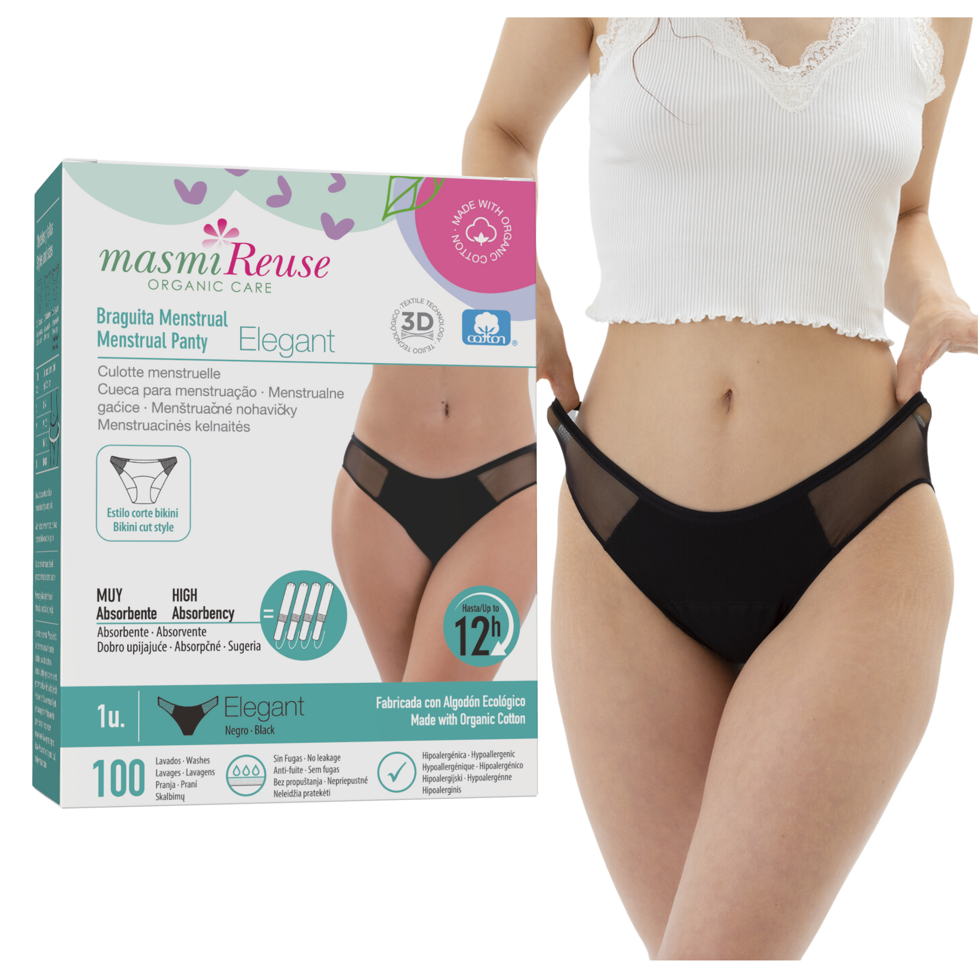SADA -5 % 3 x Masmi ekologické menstruační kalhotky ELEGANT (velikost: S, M, L, XL) 100% BIO bavlna