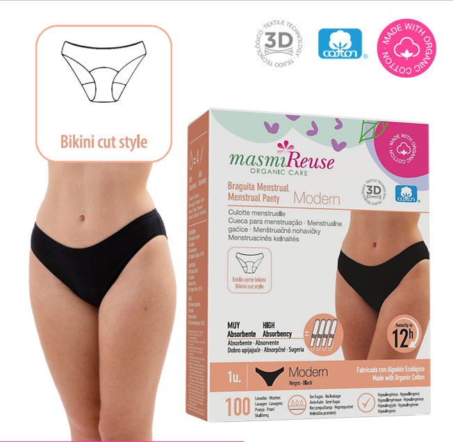 SET -3% 2 x Masmi Menstruationsslip ökologisch MODERN (Größen: S, M, L, XL), 100 % BIO-Baumwolle