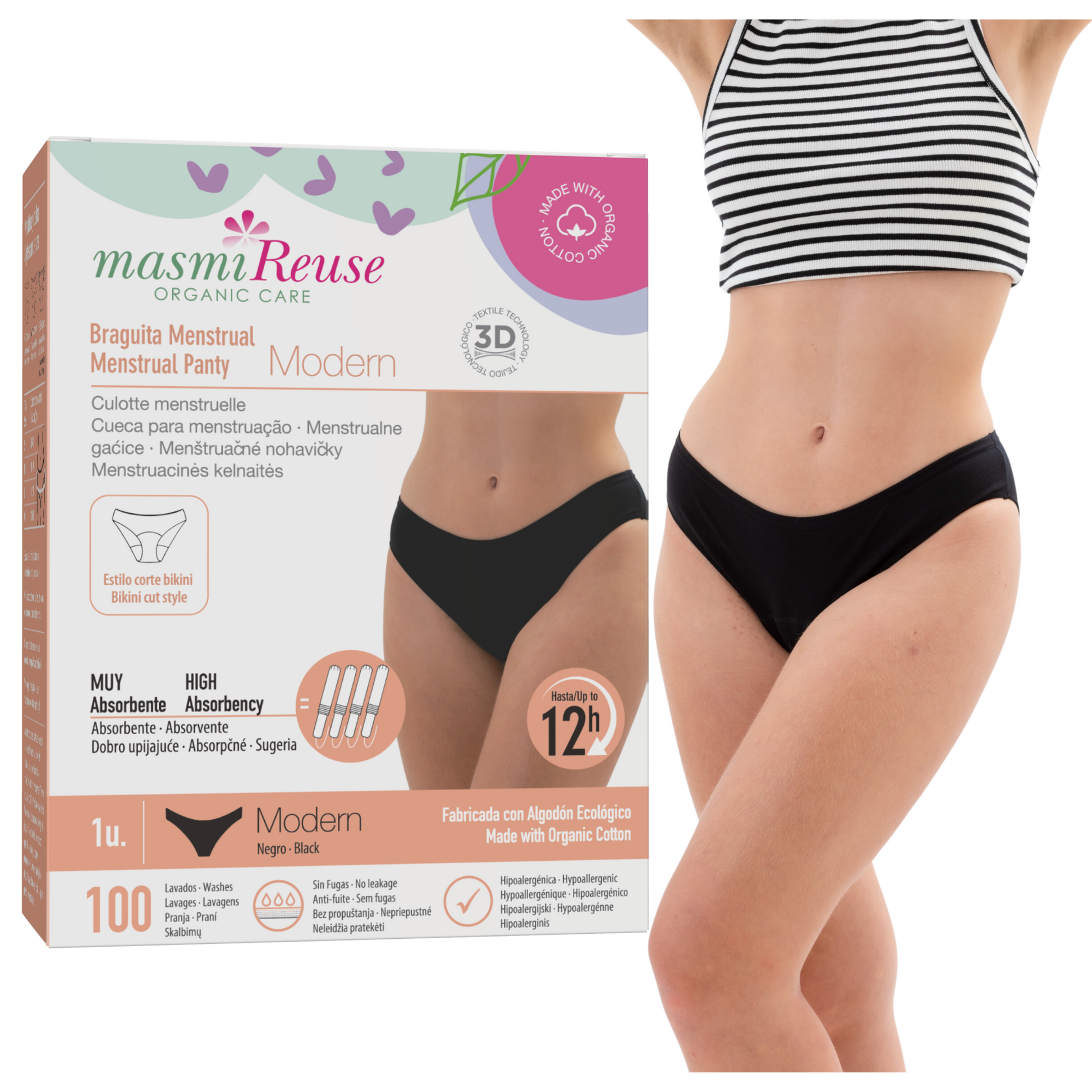 SET -3% 2 x Masmi Menstruationsslip ökologisch MODERN (Größen: S, M, L, XL), 100 % BIO-Baumwolle