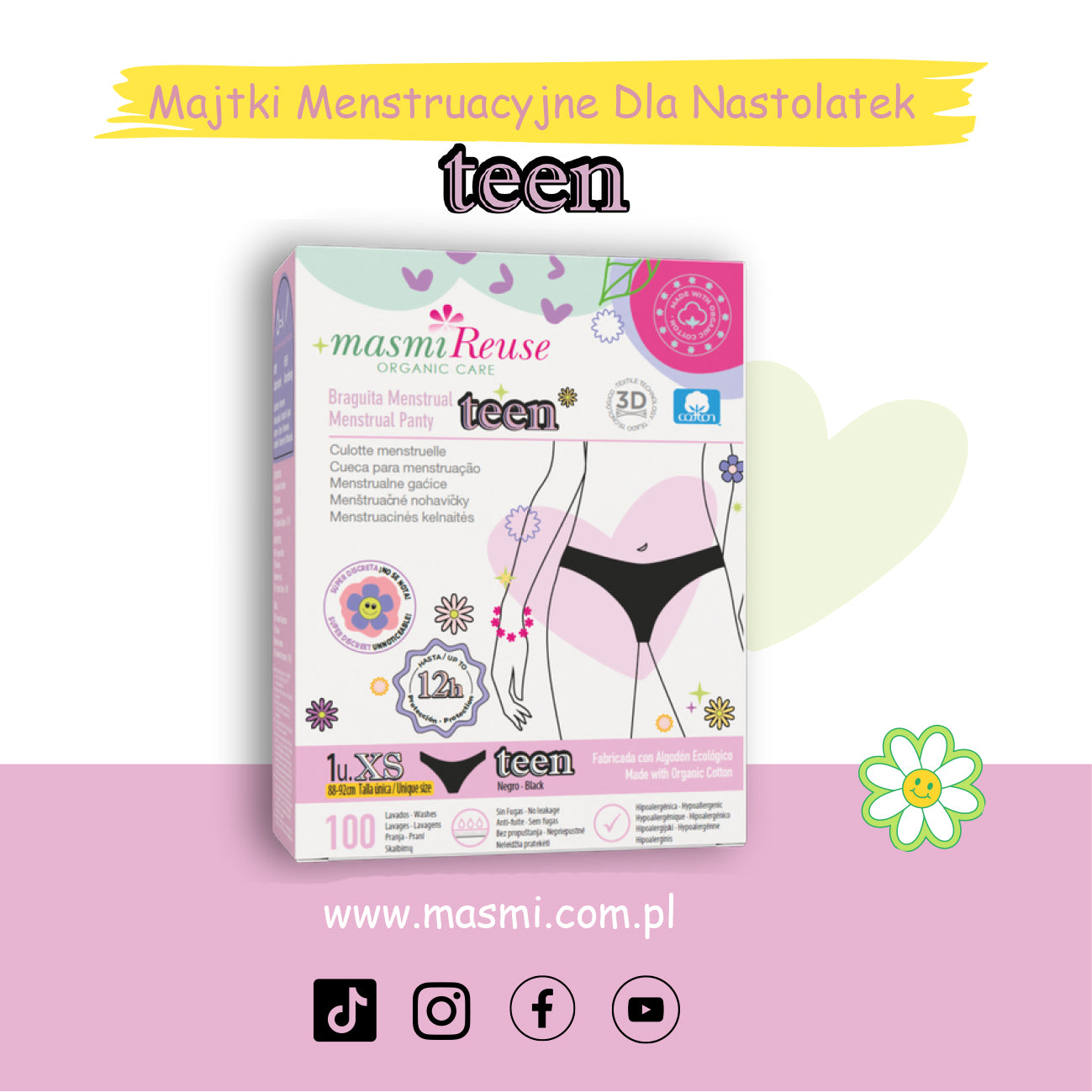 Majtki menstruacyjne ekologiczne Masmi DLA NASTOLATEK 100% bawełna BIO (rozmiary XS, S i M) 1 szt.