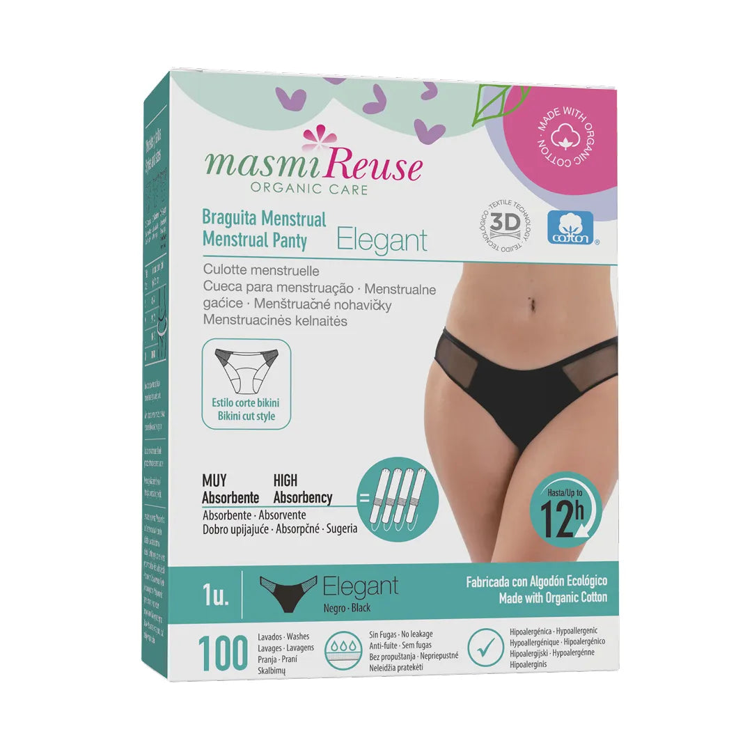 Masmi Menstruační kalhotky ELEGANT nízký pas, (velikosti: S, M, L, XL) 100% certifikovaná organická bavlna 1 ks.