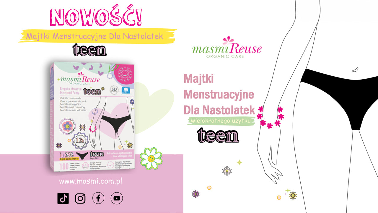 Majtki menstruacyjne ekologiczne Masmi DLA NASTOLATEK 100% bawełna BIO (rozmiary XS, S i M) 1 szt.
