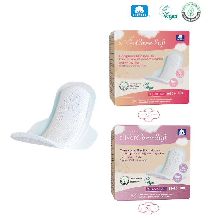 Organic chlorine-free cotton night pads Silver Care 100% BIO 10 pcs