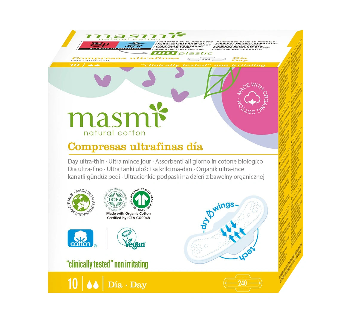 Masmi Ultra-thin Organic Cotton Day Pads with Wings, 100% Organic Cotton 10 pcs