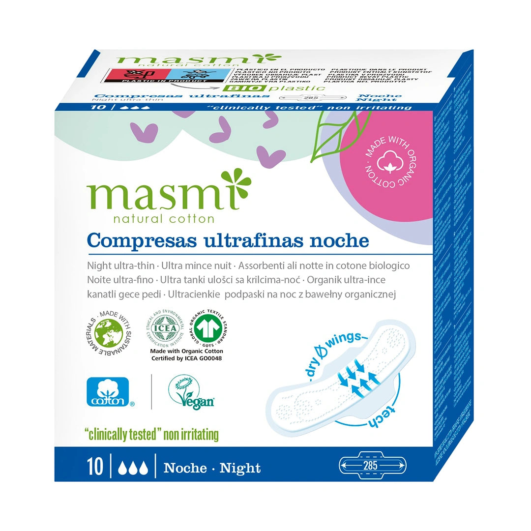 Masmi ultradünne Baumwoll-Nachtbinden mit Flügeln, 100% Bio-Baumwolle 10 Stück