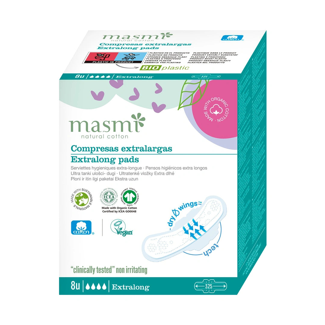 Masmi Extra-lang Damenbinden mit erhöhter Saugfähigkeit, 100% Bio-Baumwolle 8 Stück