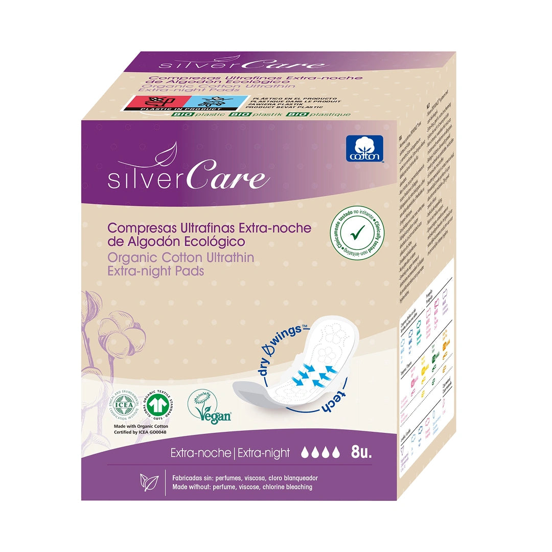 Organic chlorine-free cotton extra-long sanitary pads 100% BIO Silver Care 8 pcs