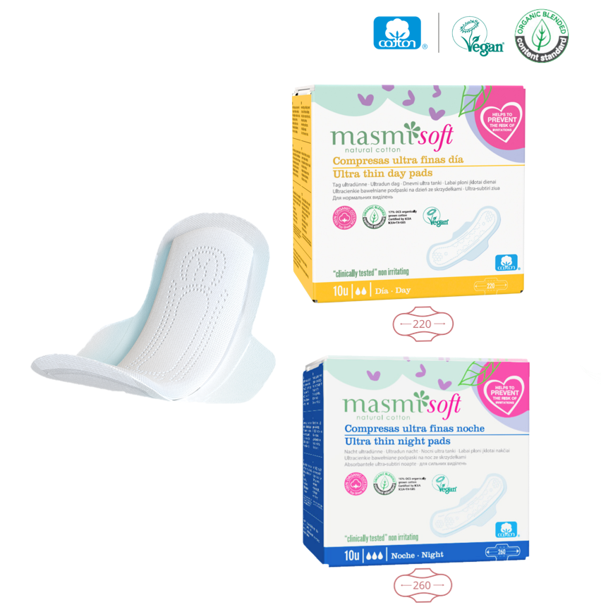 Ekologické bavlněné vložky bez chlóru SOFT noční Masmi 100% BIO 10ks