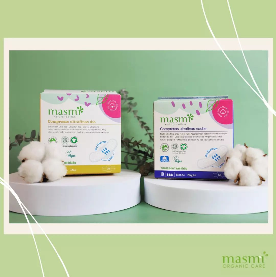 Masmi Ultra-thin Organic Cotton Day Pads with Wings, 100% Organic Cotton 10 pcs