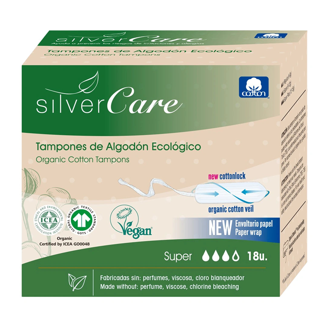 Ekologické bavlněné tampony Super (bez aplik.) Silver Care BIO 18 ks.