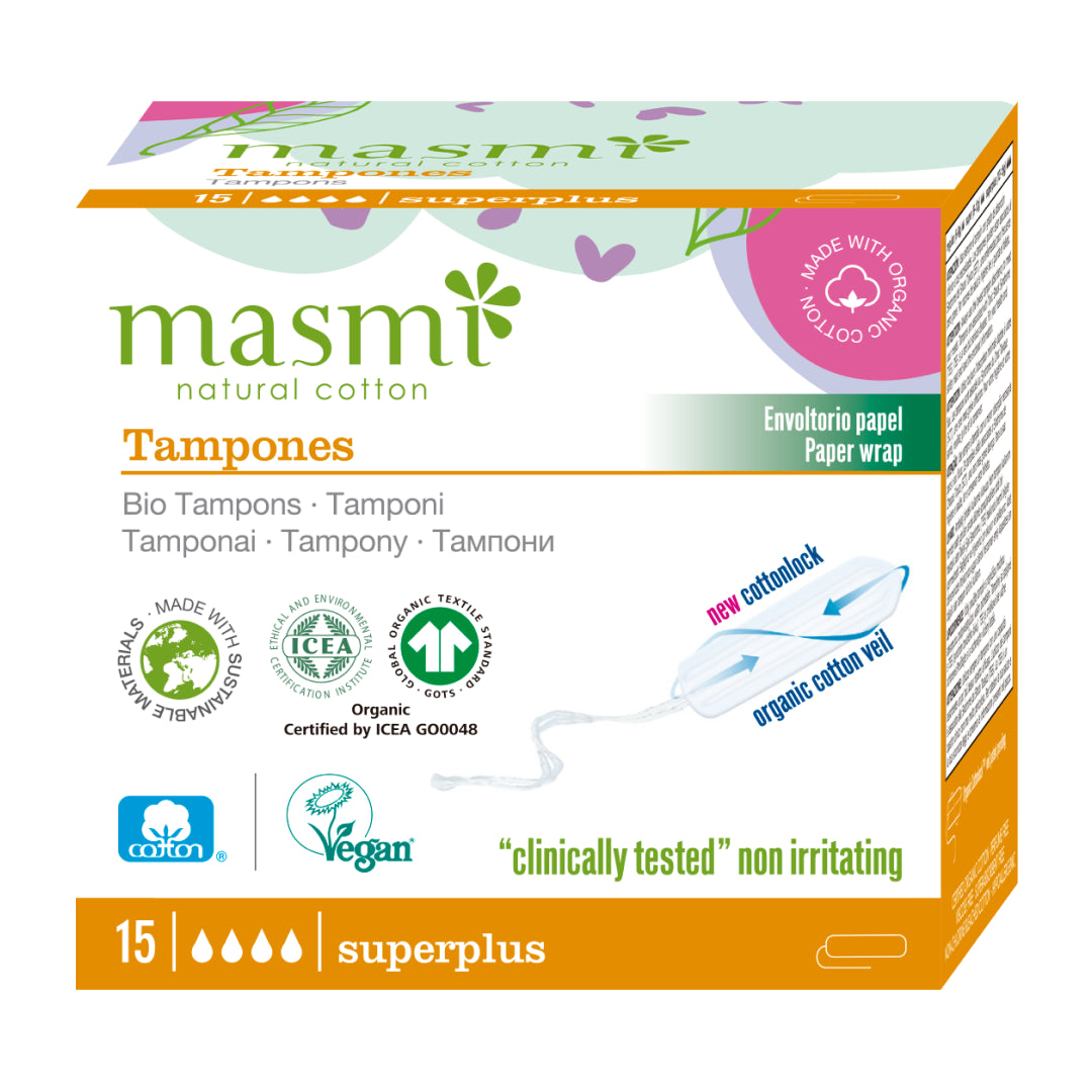Ekologické tampony Super Plus (bez aplik.) Masmi BIO 100% bavlna 18 ks.